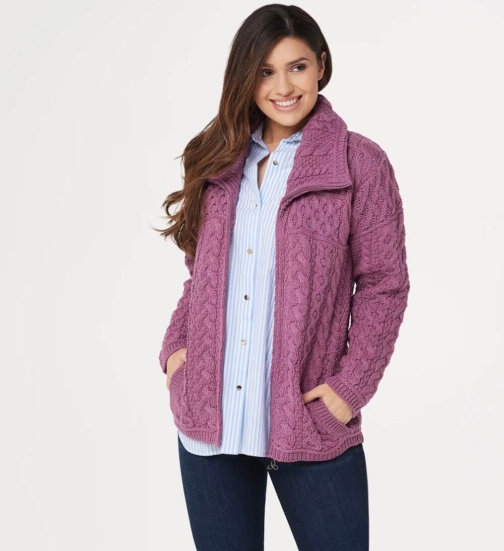 Aran Crafts Merino Wool Zip Front Cardigan in Plum Size Large